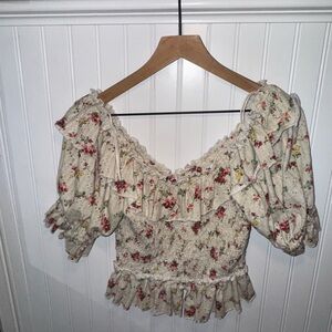 Free People Cream Floral Ruffle Blouse